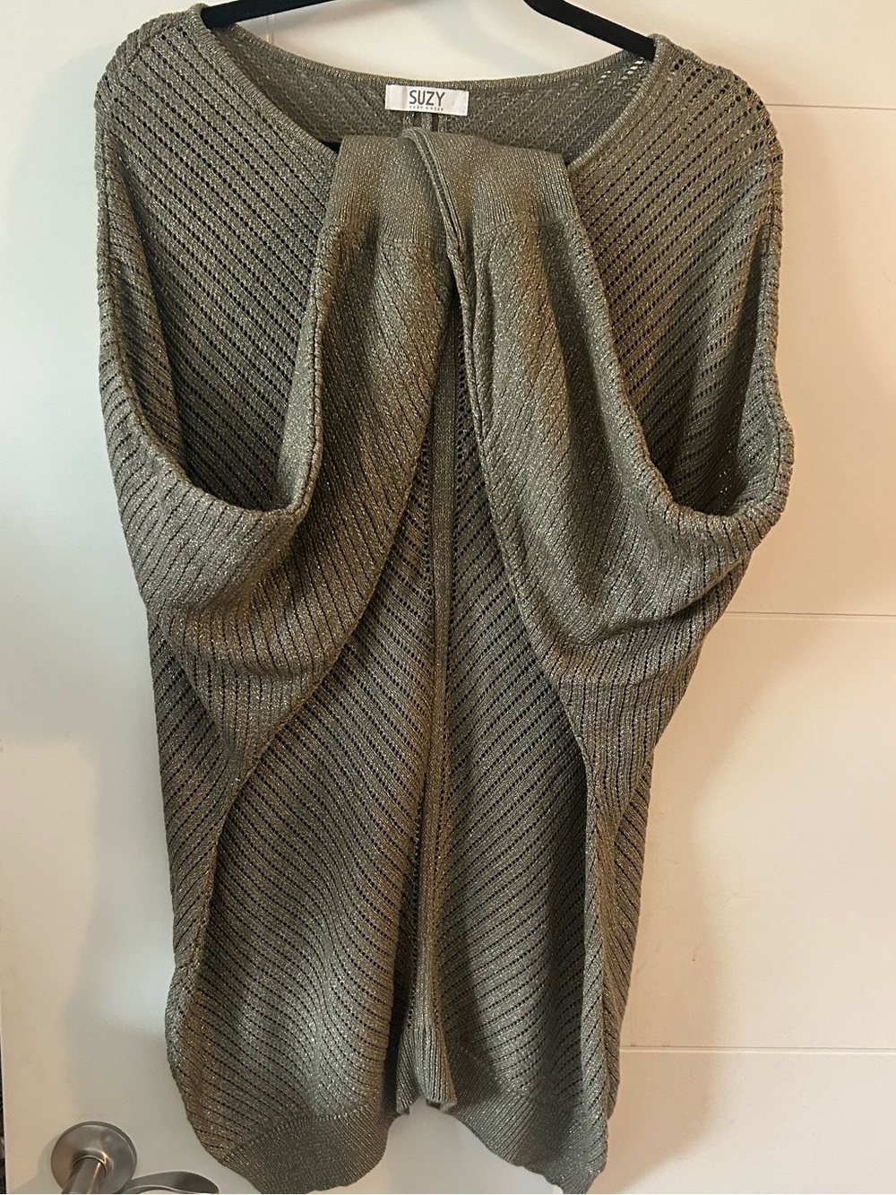 Suzy Shier Olive Metallic Open-Knit Draped Poncho